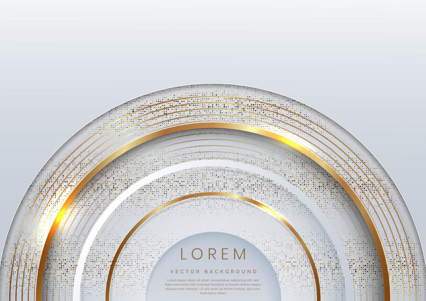 Abstract 3D white and grey half circle pattern with golden lines rounded decor gold glittering light sparkle background with copy space for text. vector