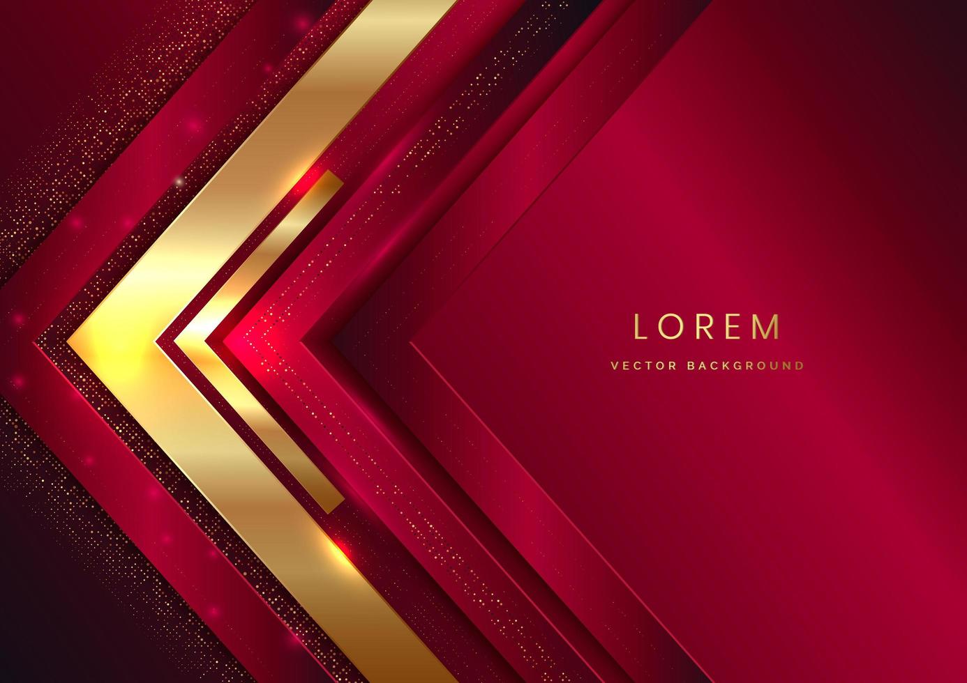 Abstract 3d modern luxury template red elegant color and gold arrow background with golden glitter line light sparkle. vector