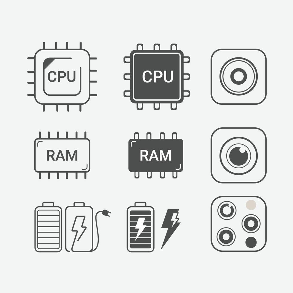 conjunto de símbolos de especificación de smartphone de icono vector