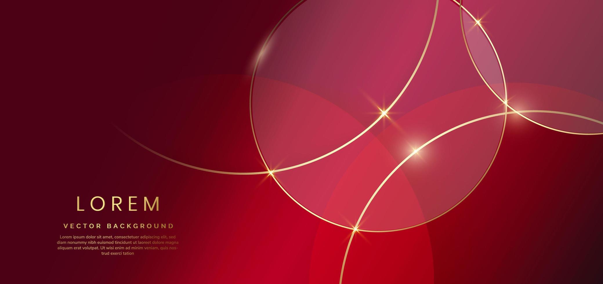 Abstract gold circles lines overlapping on dark red color background. vector