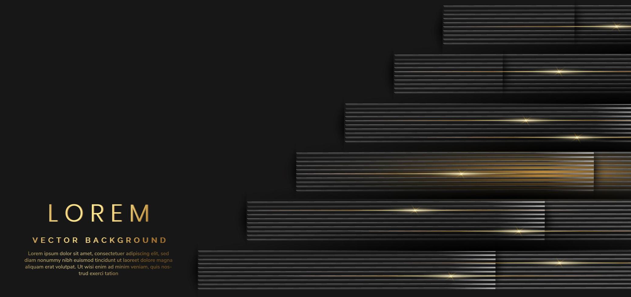 Abstract 3D luxury template shiny black background with lines golden glowing. vector