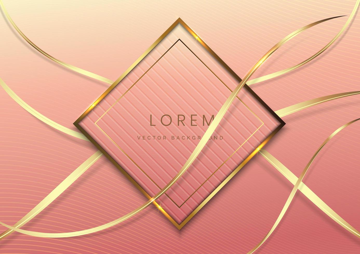 Abstract luxury gold and pink square frame with golden lines curved shape on pink background with light effect. vector