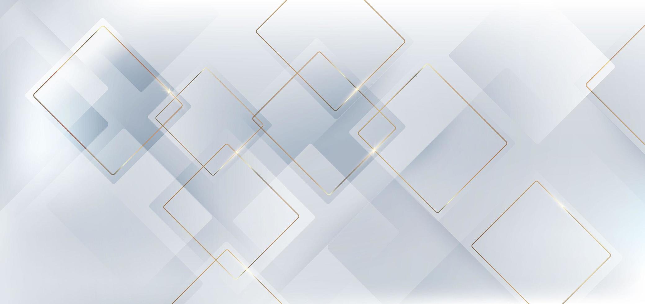 fondo de lujo abstracto cuadrados blancos y grises superpuestos y elegantes líneas de cuadrados dorados. vector