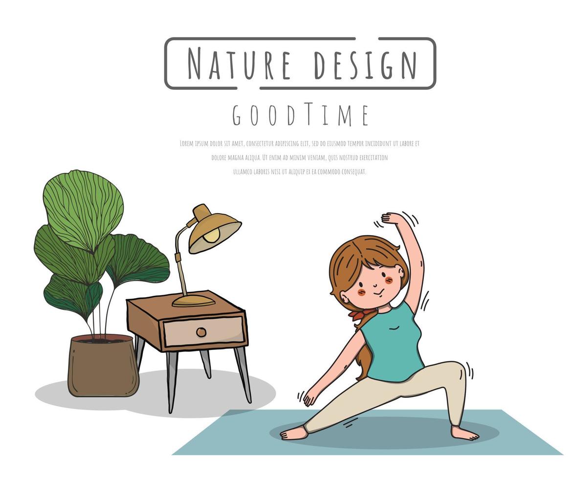 Hand drawn yoga poses in nature and leaves vector
