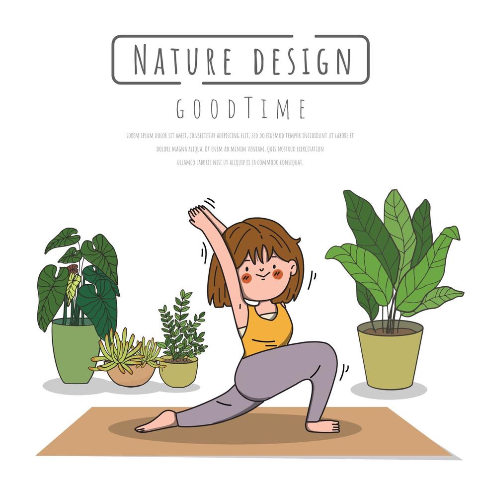 Hand drawn yoga poses in nature and leaves. vector