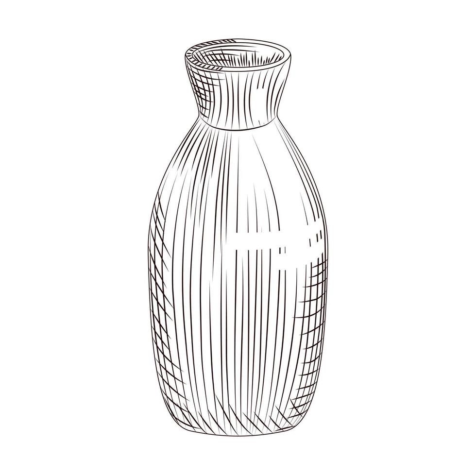 sake japonés aislado sobre fondo blanco. boceto dibujado a mano de sake de botella de cerámica. vector