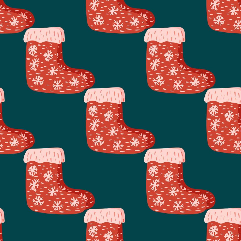 Red gift sock wth snowflakes ornament seamless pattern. Cute elements on dark turquoise background. vector