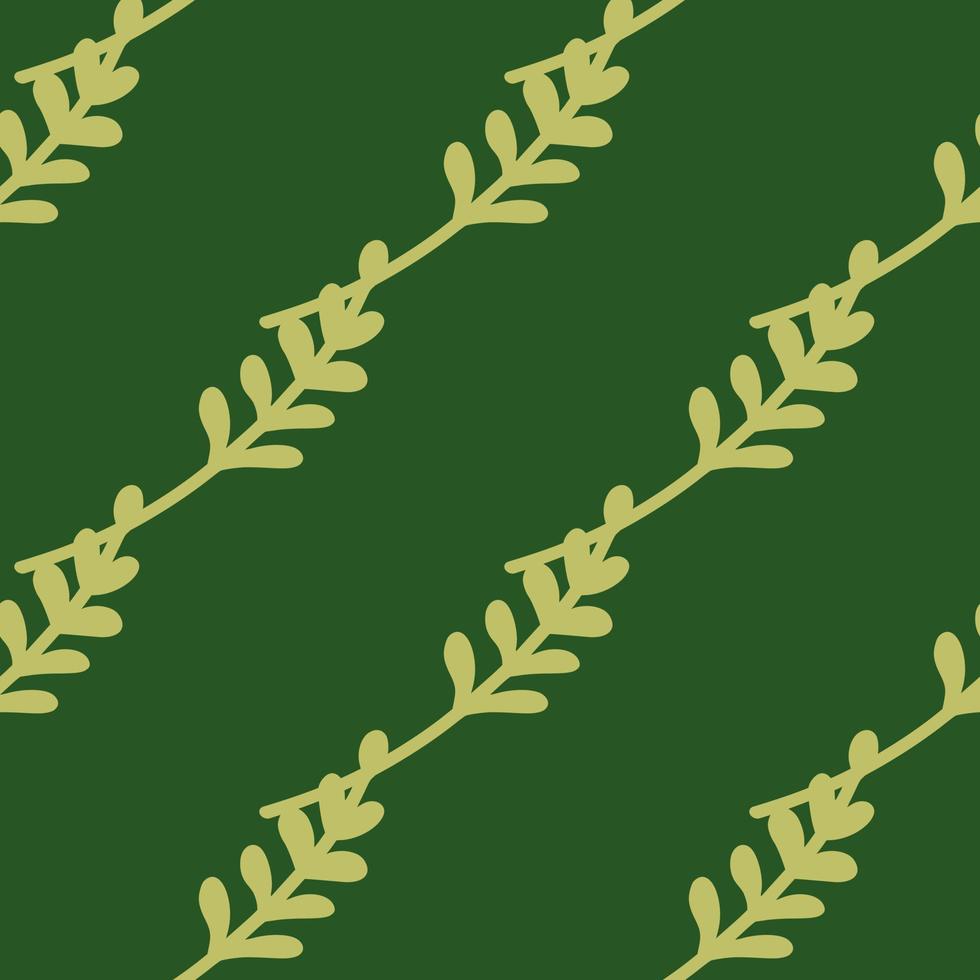 Bloom seamless pattern with diagonal botanic branches ornament. Green background. Simple doodle style. vector