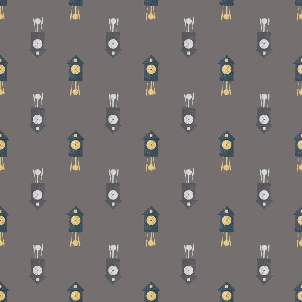 Abstract time seamless pattern with little cuckoo clock shapes. Grey background. Decorative retro print. vector