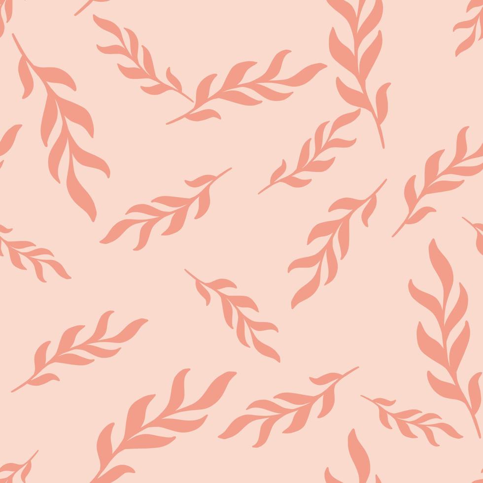 Floral seamless pattern with random herbal leaves twig shapes. Pink palette backdrop. Doodle print. vector