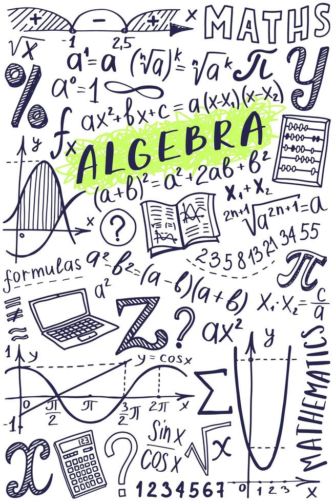 Maths symbols icon set. Algebra or mathematics subject doodle design. Education and study concept. Back to school background for notebook, not pad, sketchbook. Hand drawn illustration. vector