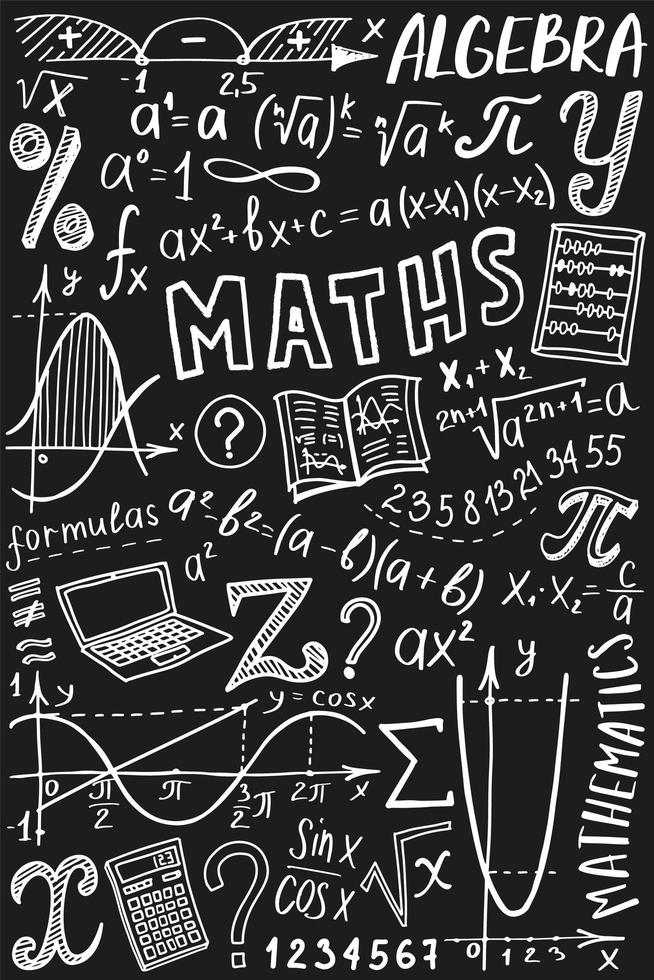 Maths symbols icon set. Algebra or mathematics subject doodle design. Education and study concept. Back to school background for notebook, not pad, sketchbook. Hand drawn illustration. vector