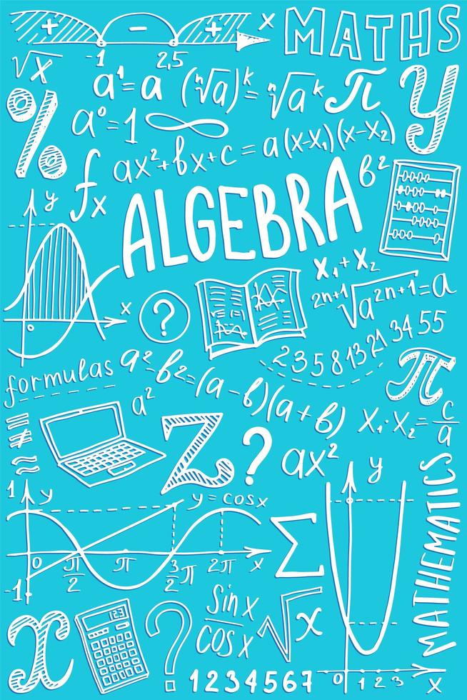 conjunto de iconos de símbolos matemáticos. diseño de garabatos de álgebra o matemáticas. concepto de educación y estudio. fondo de regreso a la escuela para cuaderno, no bloc, cuaderno de bocetos. ilustración dibujada a mano. vector