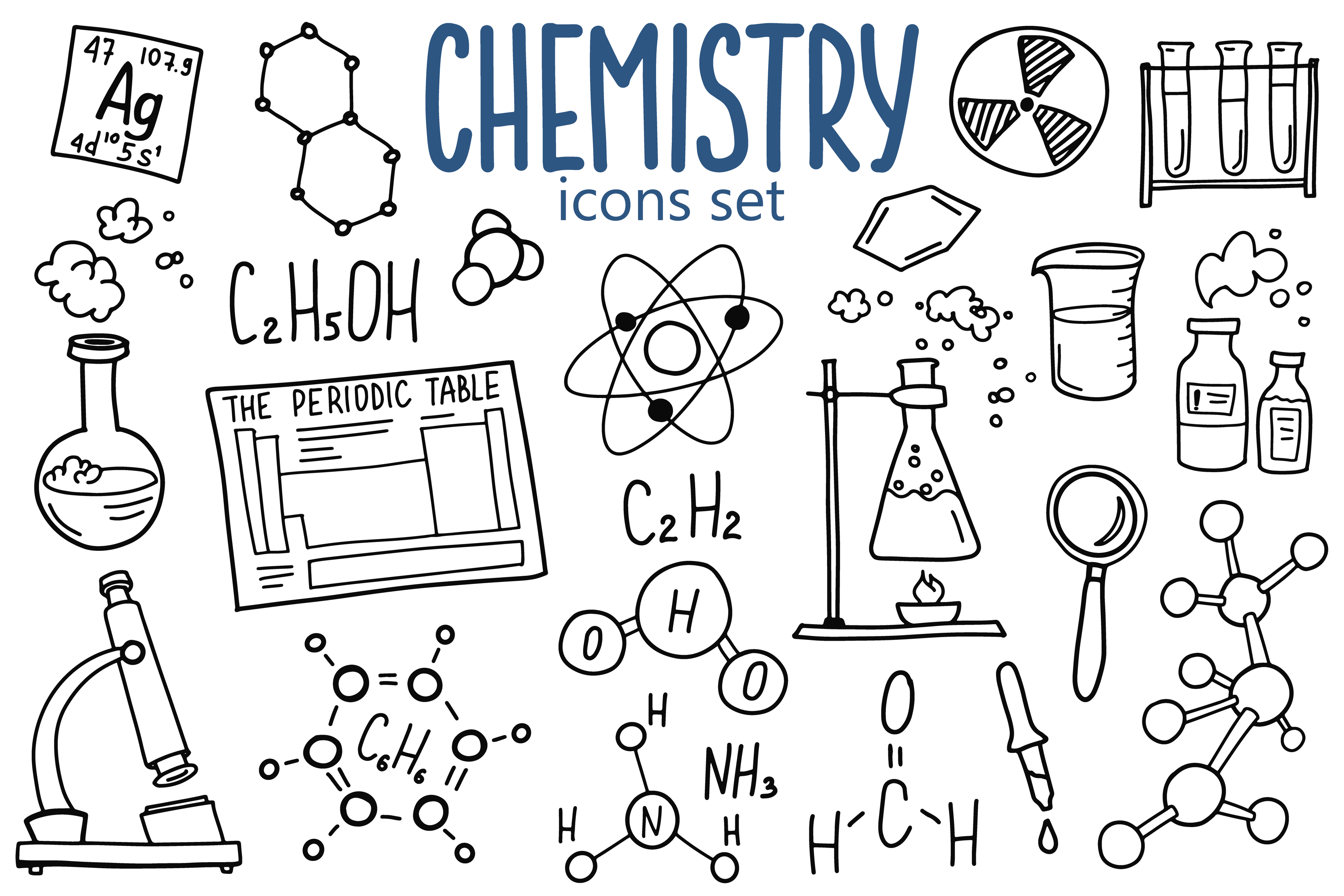 Chemistry symbols icon set. Science subject doodle design. Education