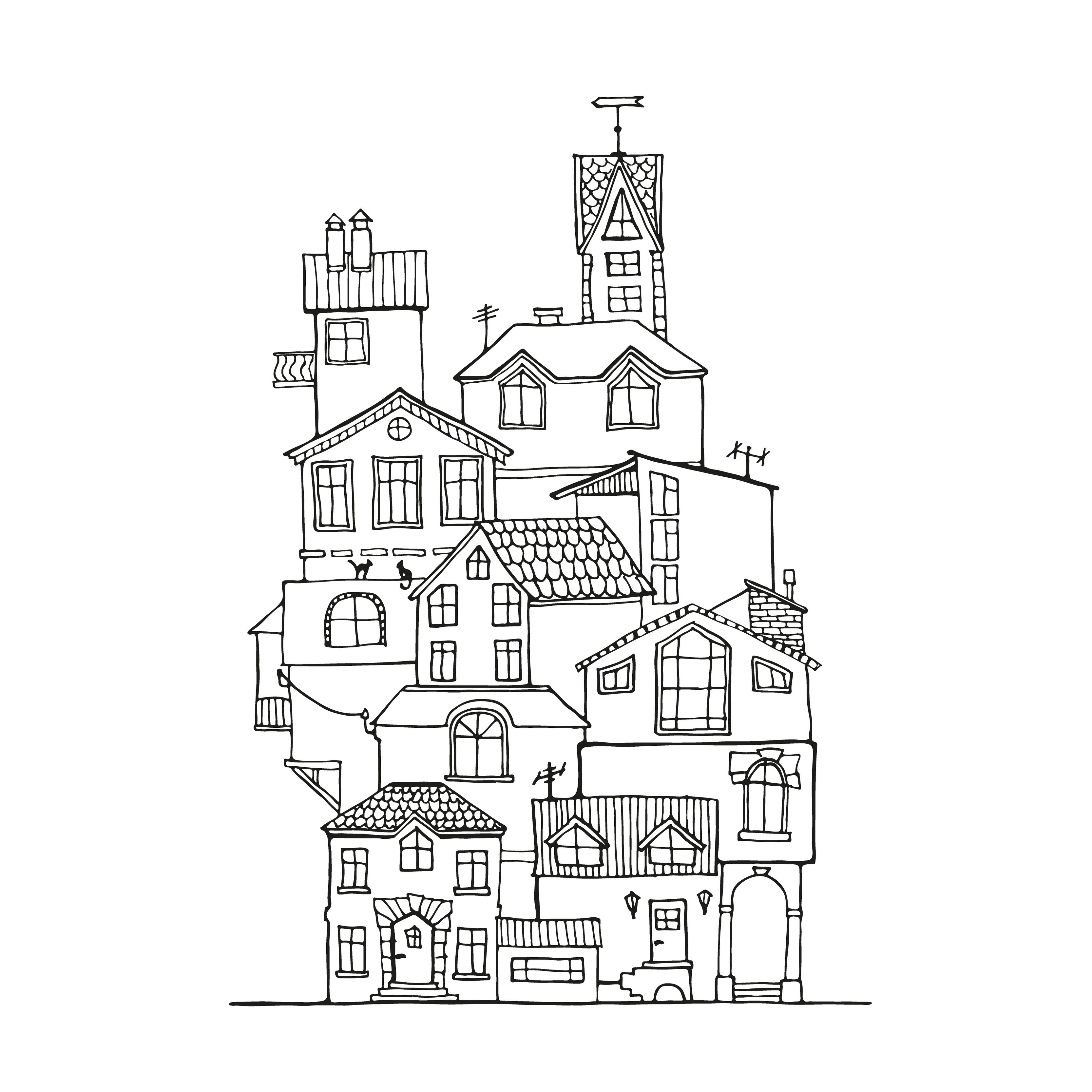 Doodle house hand drawn in black and white. Scandinavian cartoon ink houses.  Vector Illustration. 5676652 Vector Art at Vecteezy