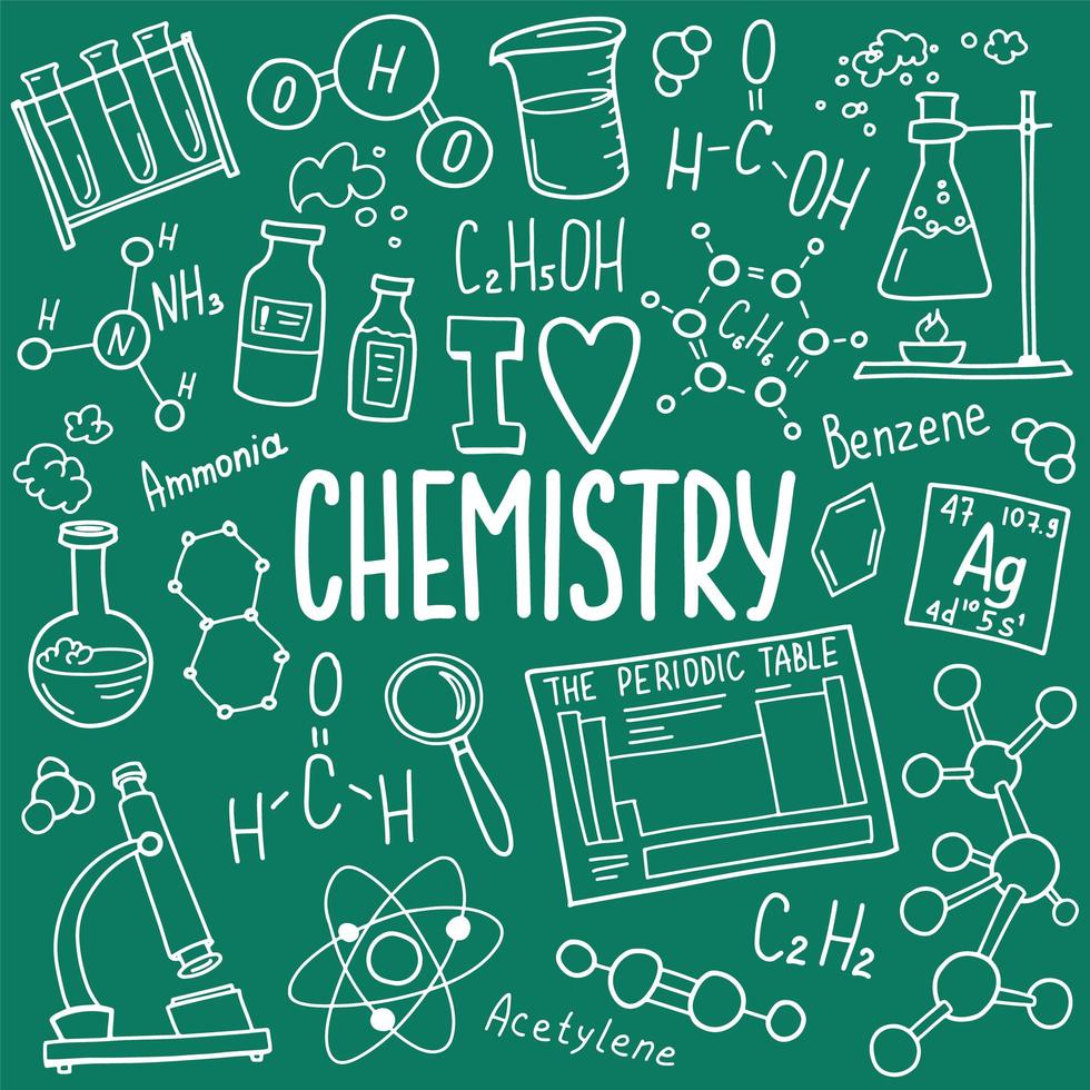 Chemistry symbols icon set. Science subject doodle design. Education and study concept. Back to school sketchy background for notebook, not pad, sketchbook. vector