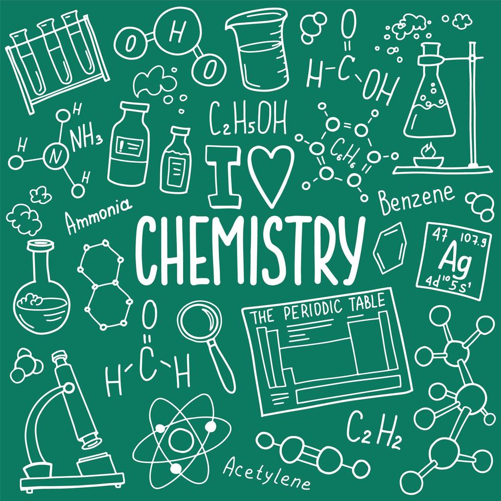 conjunto de iconos de símbolos de química. diseño de garabatos de asignaturas científicas. concepto de educación y estudio. fondo incompleto de regreso a la escuela para cuaderno, no almohadilla, cuaderno de bocetos. vector