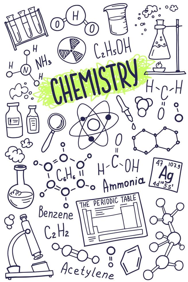 conjunto de iconos de símbolos de química. diseño de garabatos de asignaturas científicas. concepto de educación y estudio. fondo incompleto de regreso a la escuela para cuaderno, no almohadilla, cuaderno de bocetos. vector