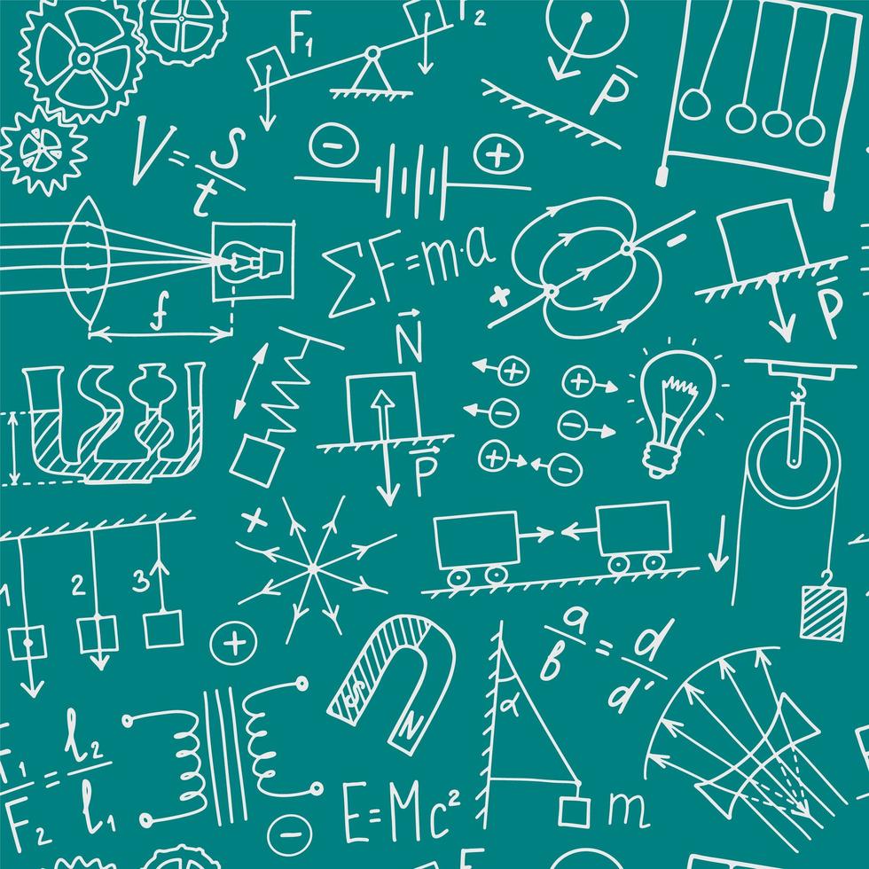 Phisics symbols doodle seamless pattern. Science subject cover template design. Education study concept. Back to school sketchy background for notebook, not pad, sketchbook. vector