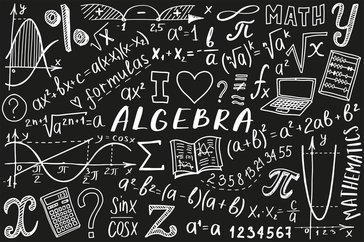 conjunto de iconos de símbolos matemáticos. diseño de garabatos de álgebra o matemáticas. concepto de educación y estudio. fondo de regreso a la escuela para cuaderno, no bloc, cuaderno de bocetos. ilustración dibujada a mano. vector