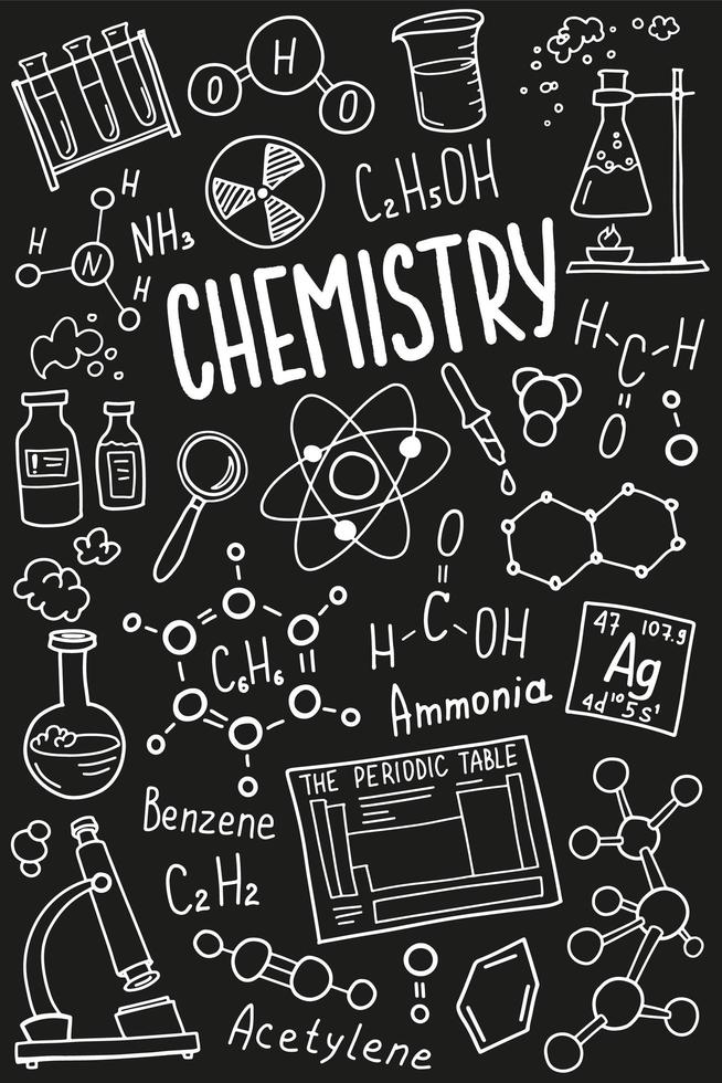 Chemistry symbols icon set. Science subject doodle design. Education and study concept. Back to school sketchy background for notebook, not pad, sketchbook. vector