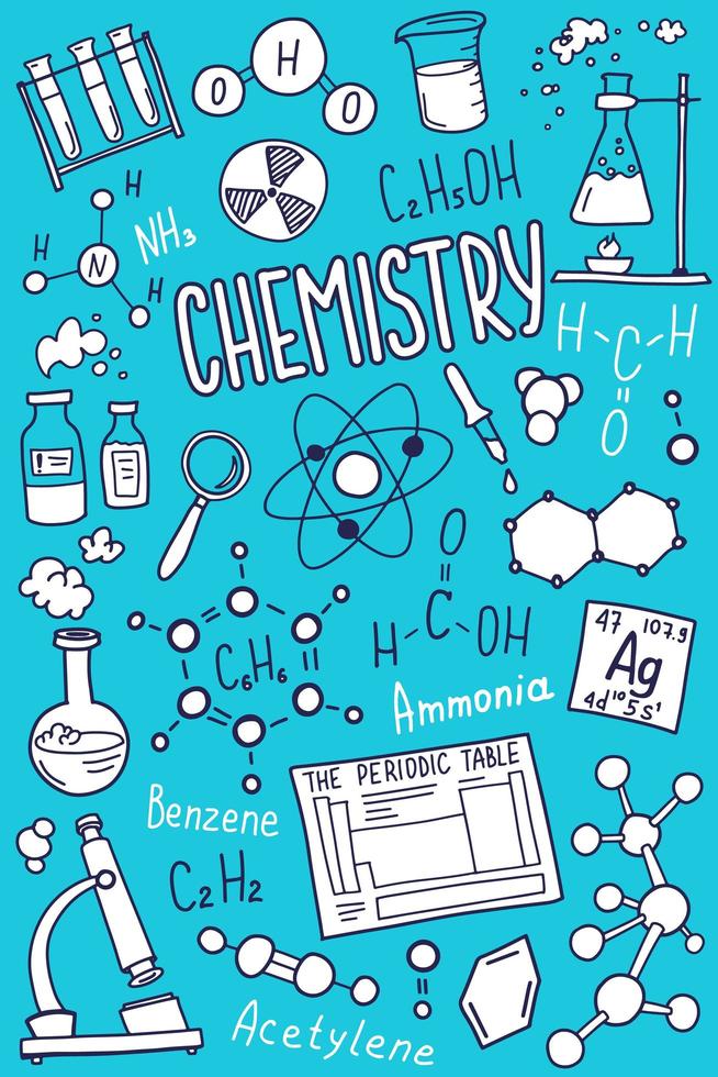 Chemistry symbols icon set. Science subject doodle design. Education and study concept. Back to school sketchy background for notebook, not pad, sketchbook. vector