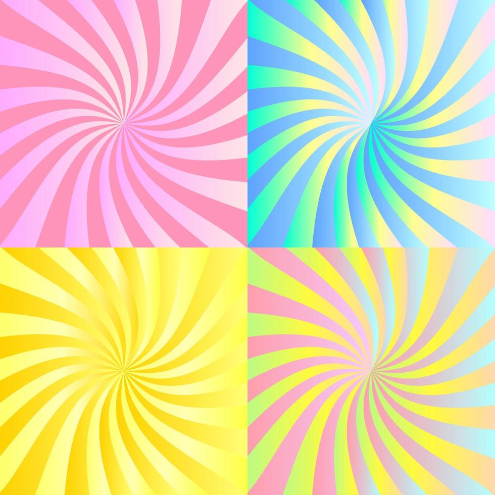 fondos cuadrados iridiscentes abstractos hechos de rayas girando en espiral. 4 fondos como elementos de diseño aislados entre sí. vector