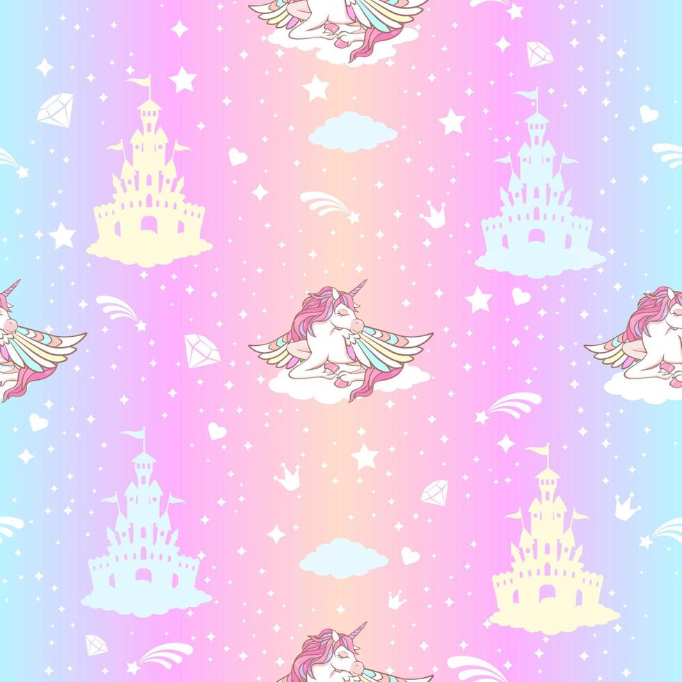 Rainbow seamless pattern with unicorns, hearts, crowns and stars on a holographic background. vector