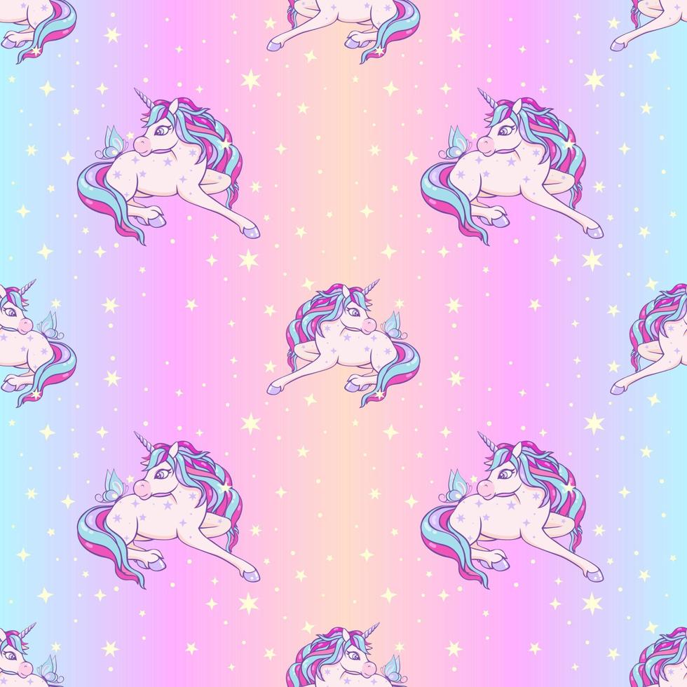 Rainbow seamless pattern with unicorns, stars and butterflies on a holographic background. vector