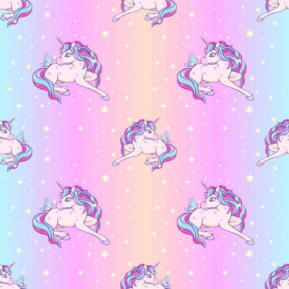 Rainbow seamless pattern with unicorns, stars and butterflies on a holographic background. vector