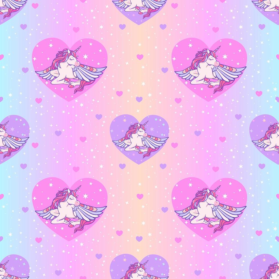 Rainbow seamless pattern with unicorns, and hearts on a holographic background. vector