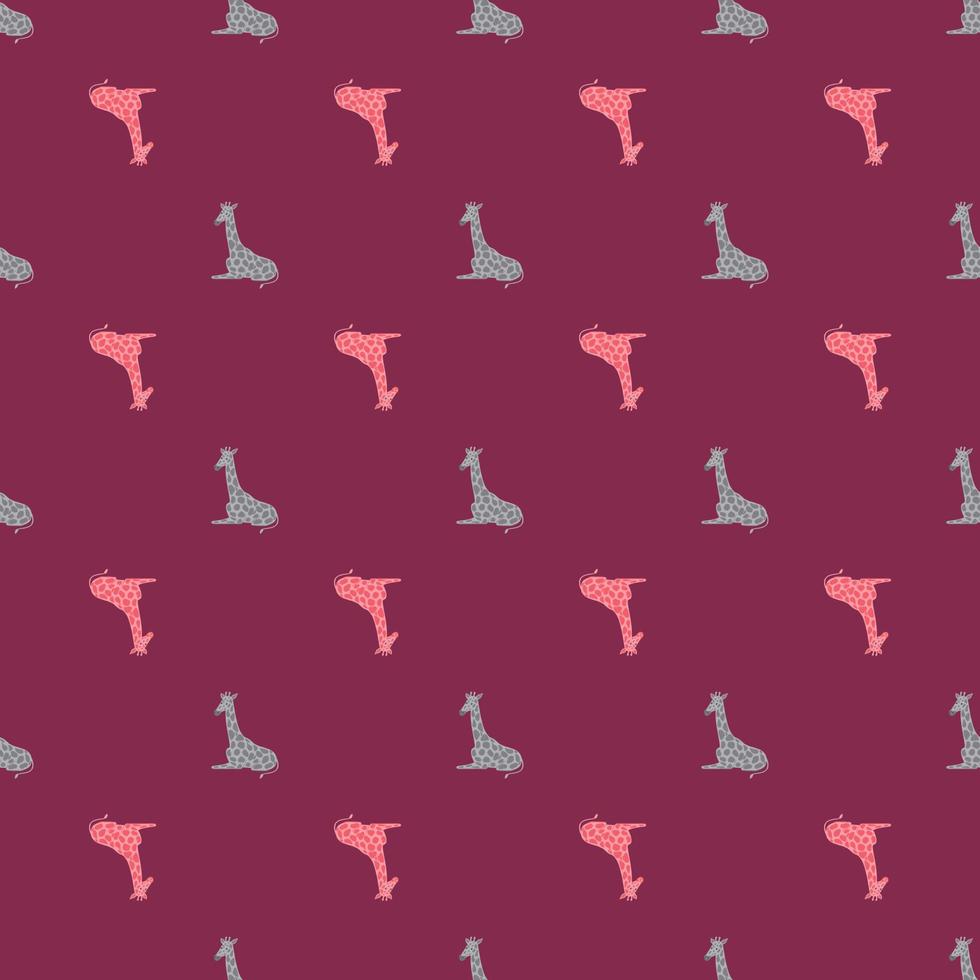 Bright seamless pattern with pink and blue colored giraffe ornament. Dark violet background. vector