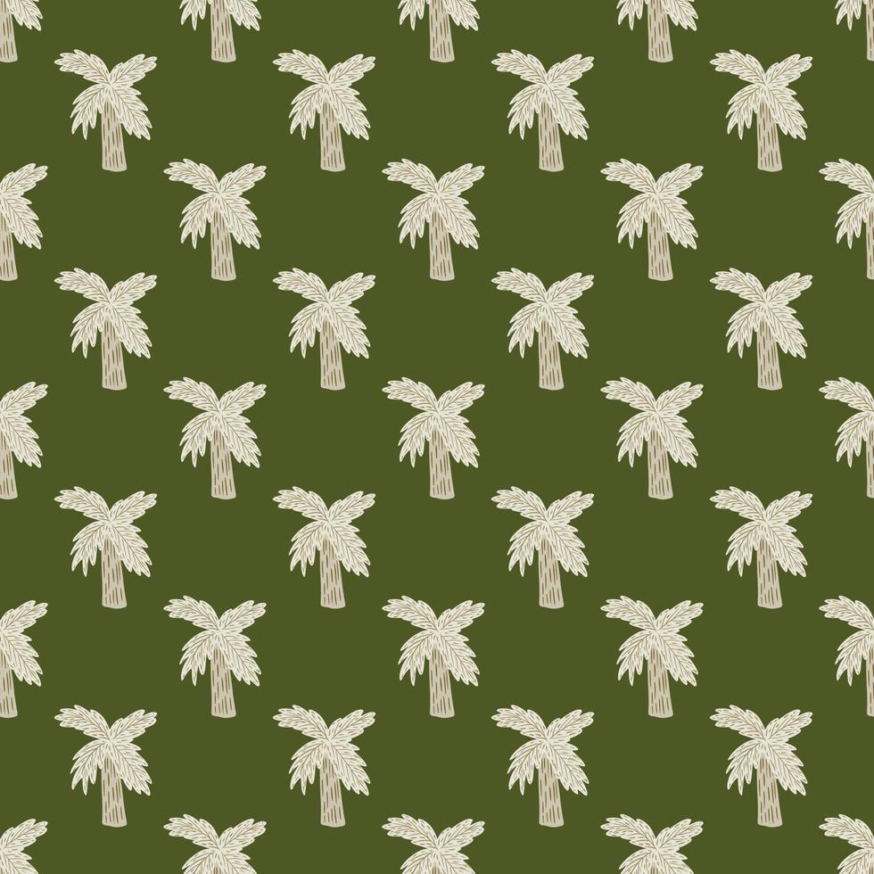 Light grey colored palm tree seamless doodle pattern in hand drawn style. Green olive background. vector