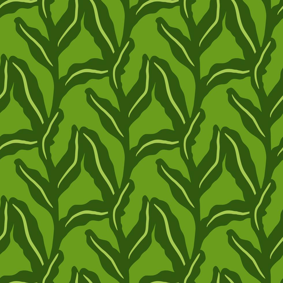 Spring seamless pattern with hand drawn exotic leaves foliage ornament. Green palette artwork. vector