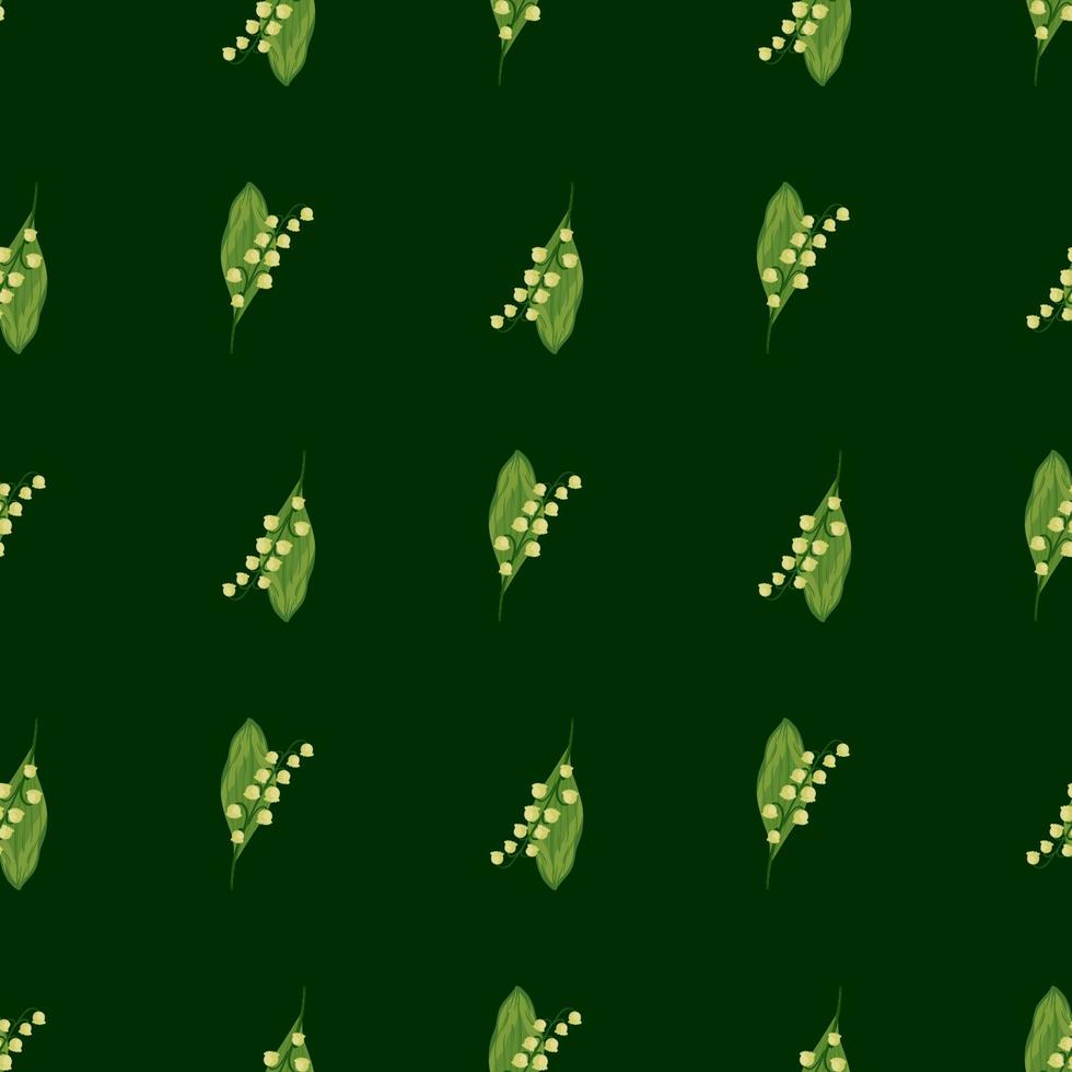Seamless pattern with floral spring lily of the valley elements on dark green background. vector