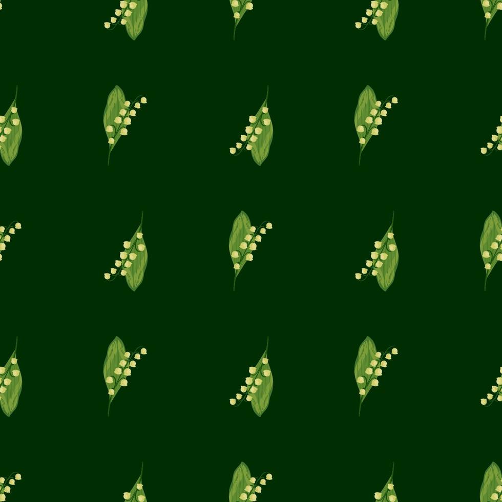 Seamless pattern with floral spring lily of the valley elements on dark green background. vector