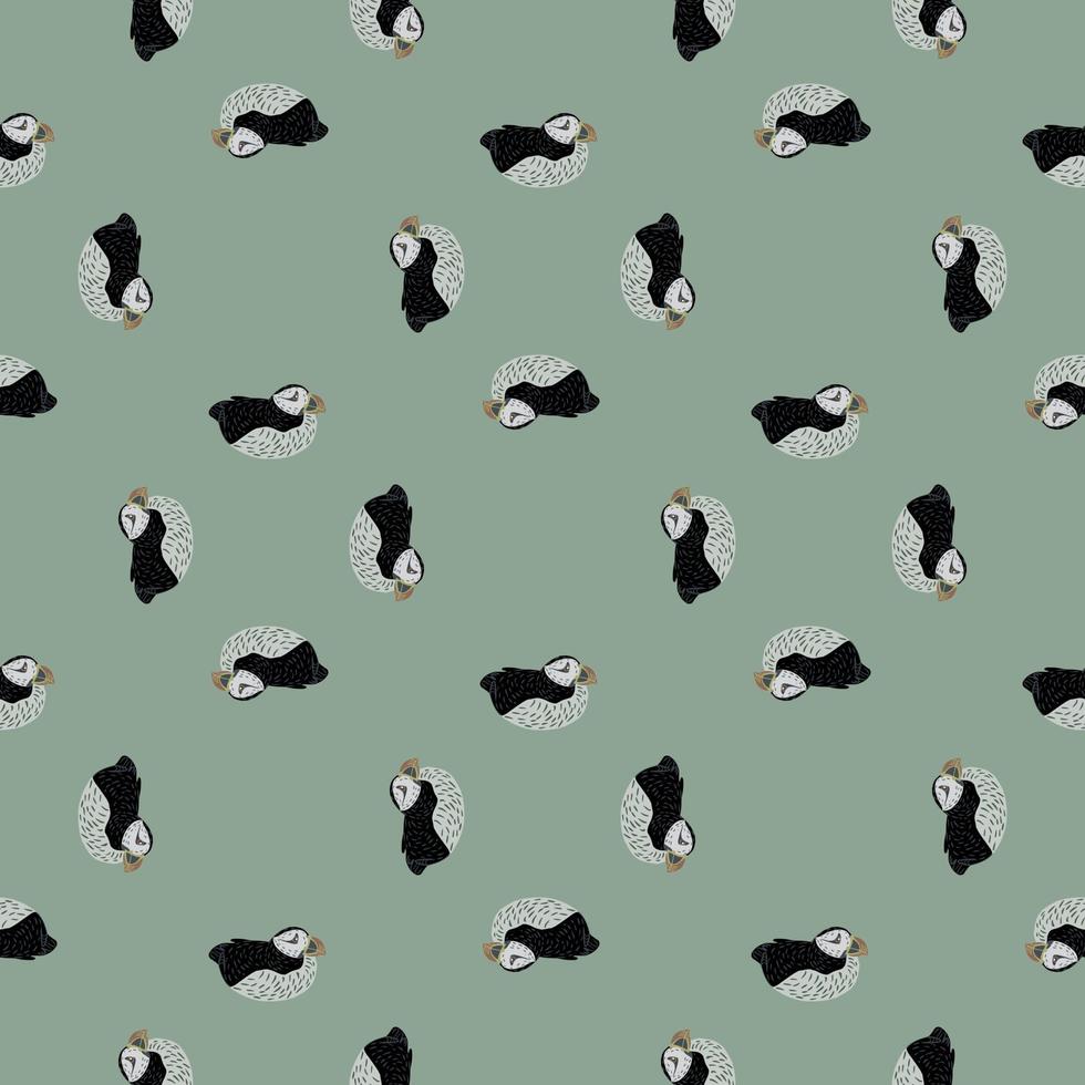 Geometric seamless pattern with black puffin cartoon silhouettes. Pastel green background. Simple design. vector