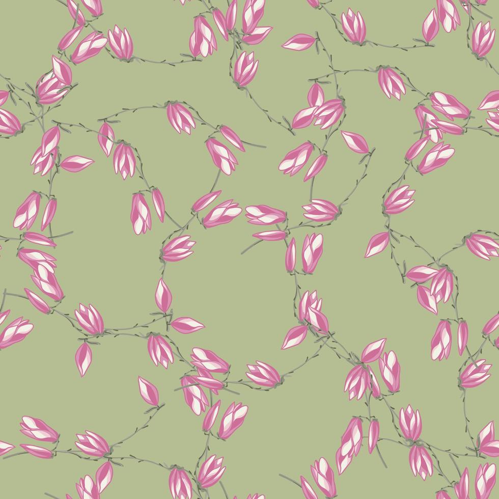 Seamless pattern Magnolias on pastel green background. Beautiful texture with spring pink flowers. vector