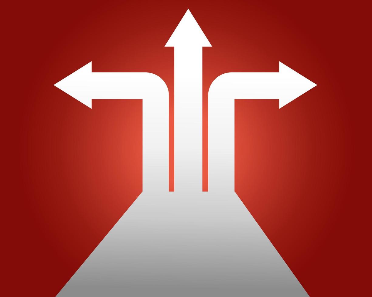 Business decisions concept. road with three direction arrows. Red background vector design.