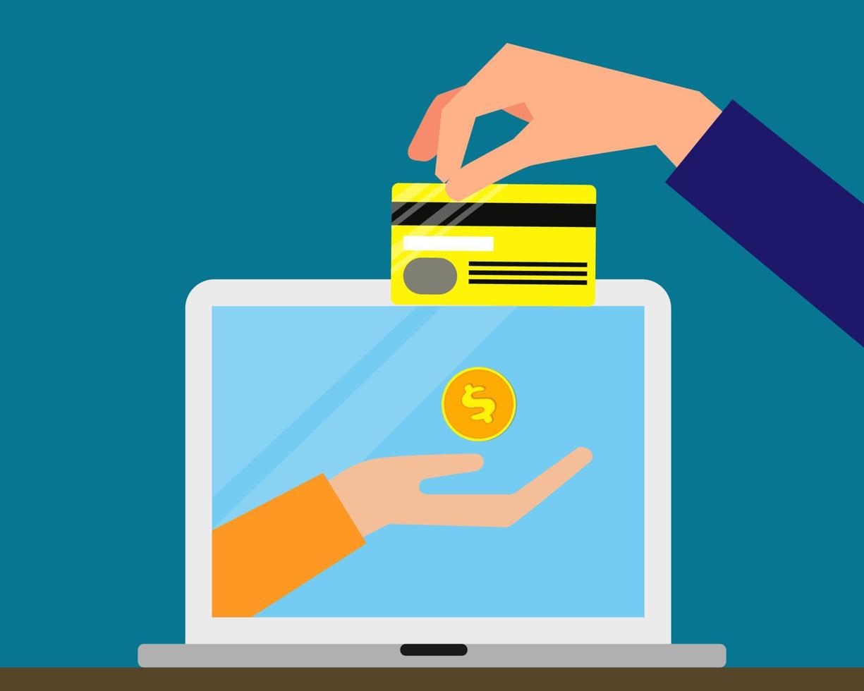E-commerce concept. people shopping online by laptop with credit card in cartoon vector style for your design