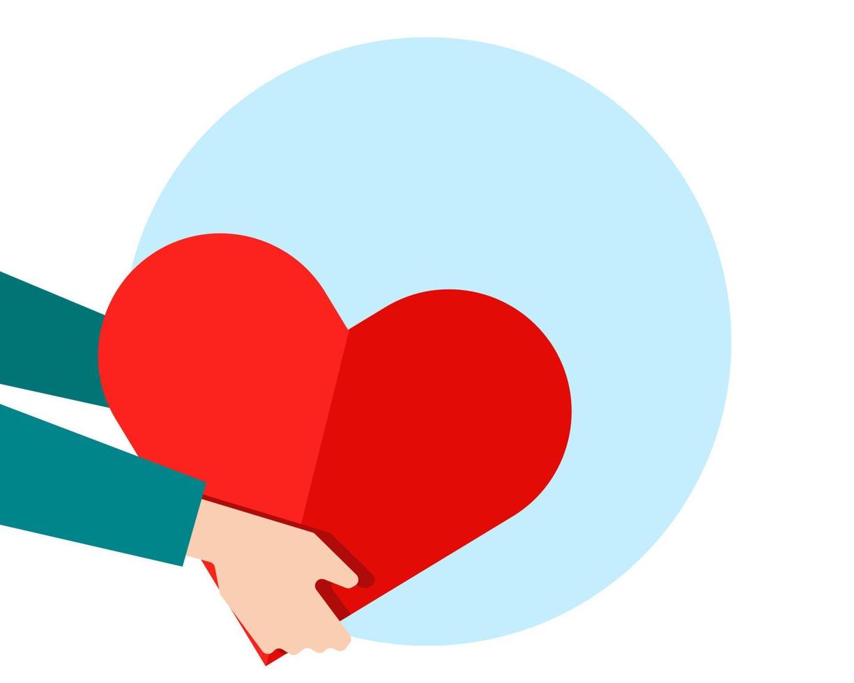 Love concept. Hand hold big red heart shape. Cute Cartoon vector style for your design