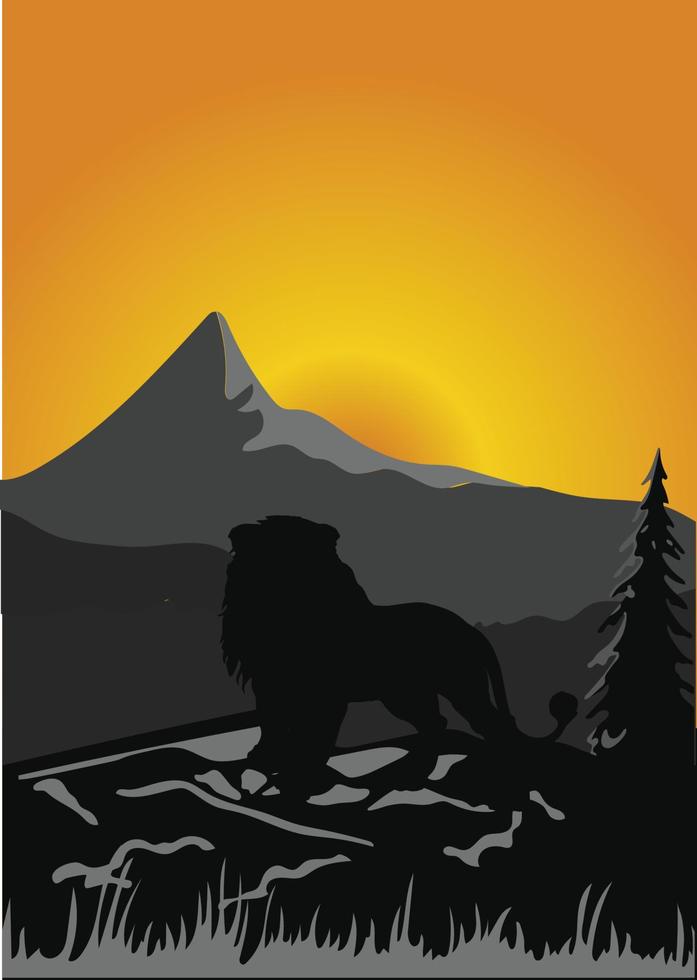 Silhouette lion in sunset at savanah vector