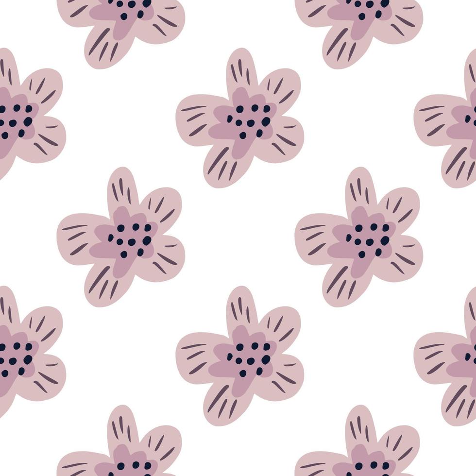 Isolated seamless pattern with simple lilac flower silhouettes. White background. Floral backdrop. vector