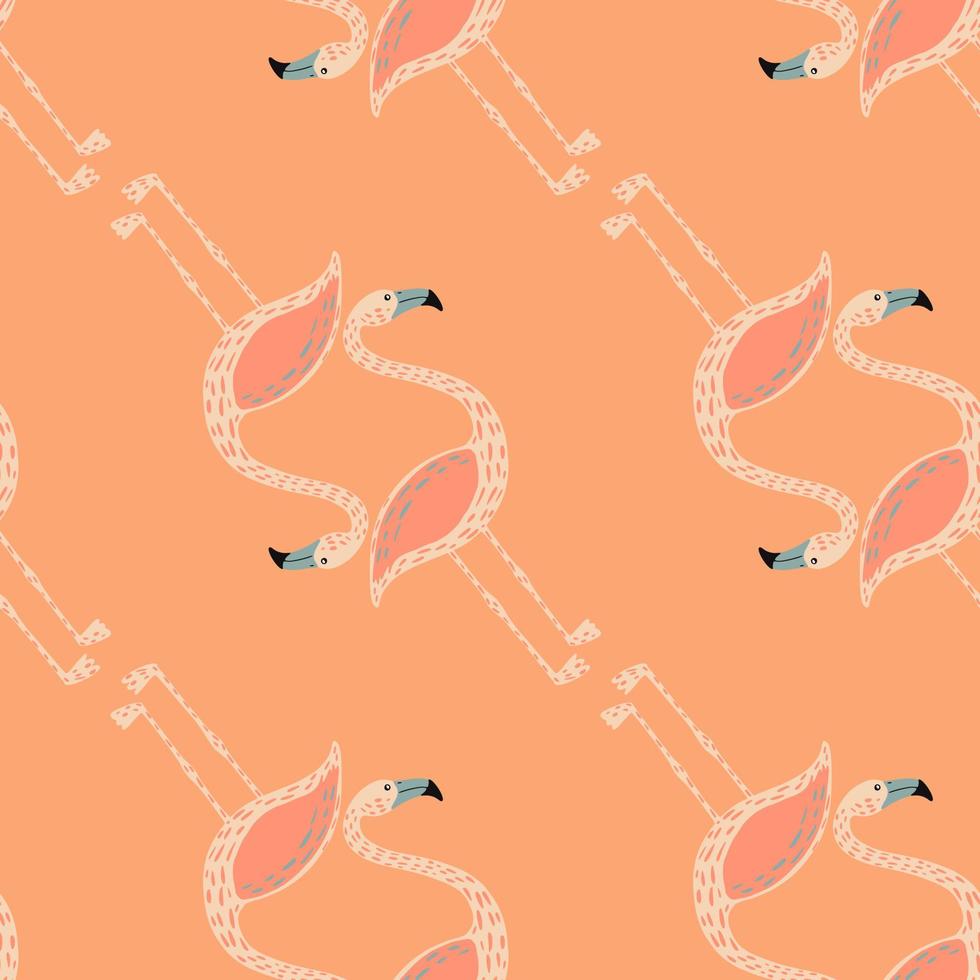 Minimalistic flat animal seamless pattern with flamingo silhouettes print. Orange pastel background. vector