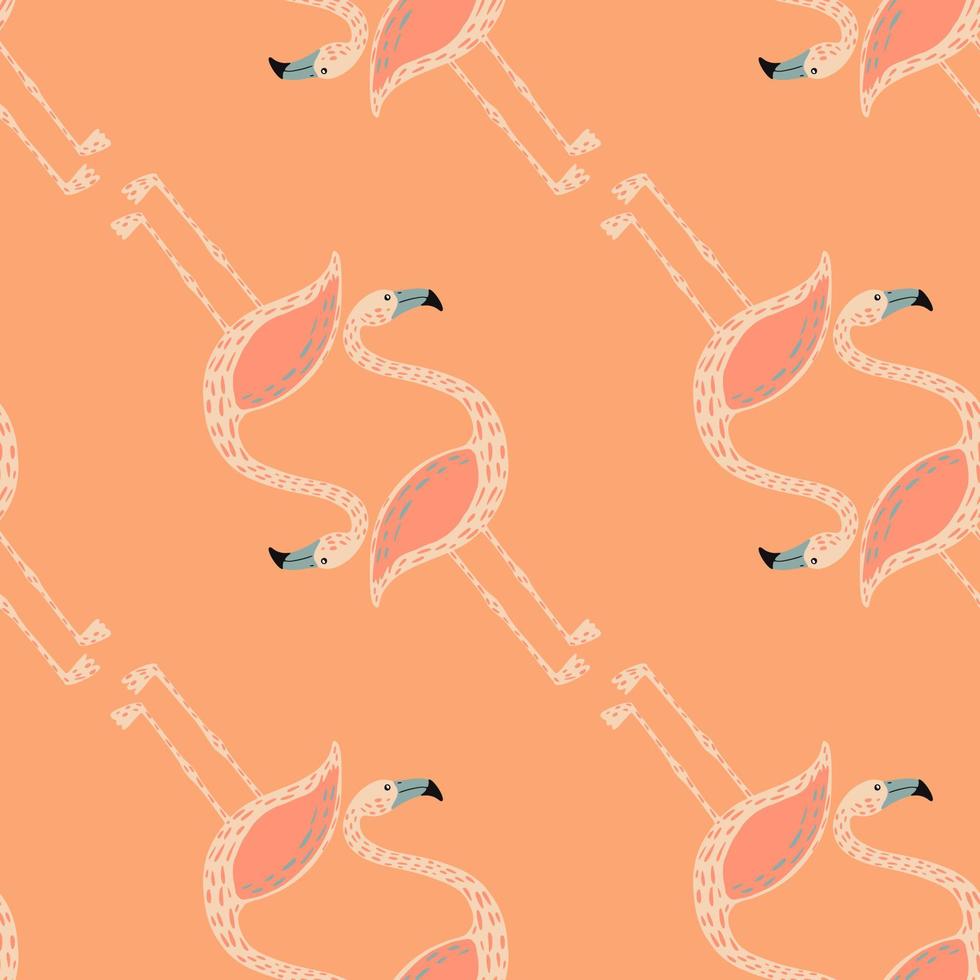 Minimalistic flat animal seamless pattern with flamingo silhouettes print. Orange pastel background. vector