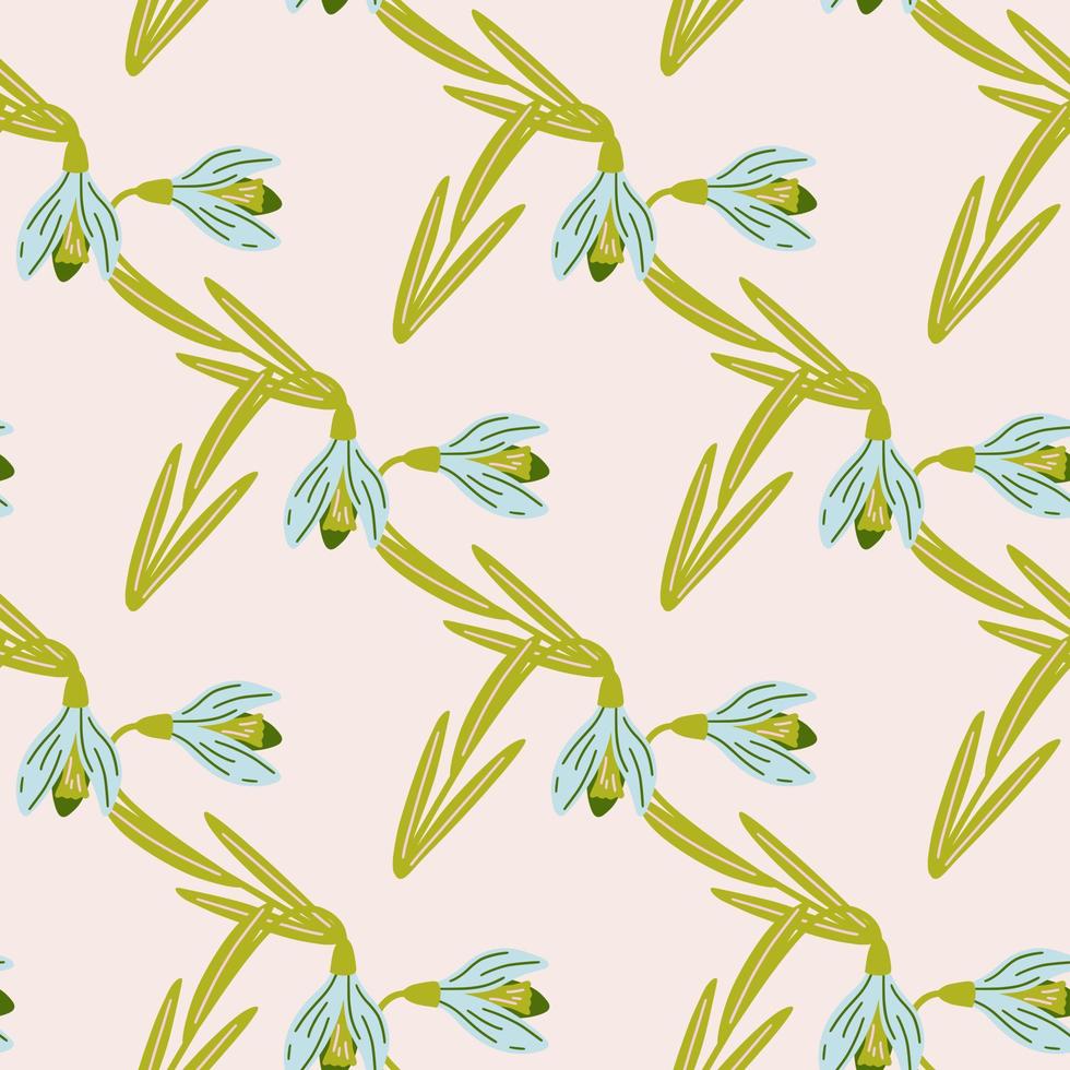 Geometric botany seamless pattern with green and blue snowdrops ornament. Light grey background. vector