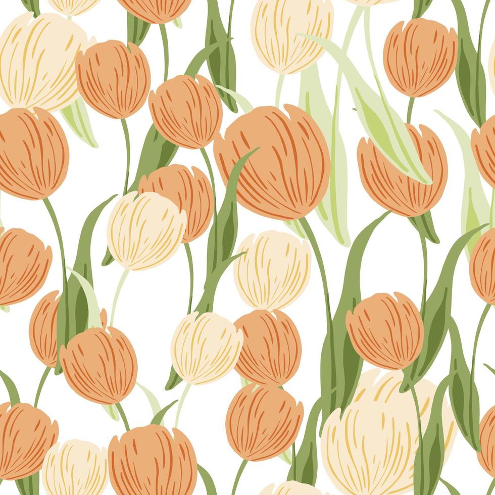 Bouquet floral seamless pattern with orange random tulip flowers silhouettes. White background. Isolated print. vector