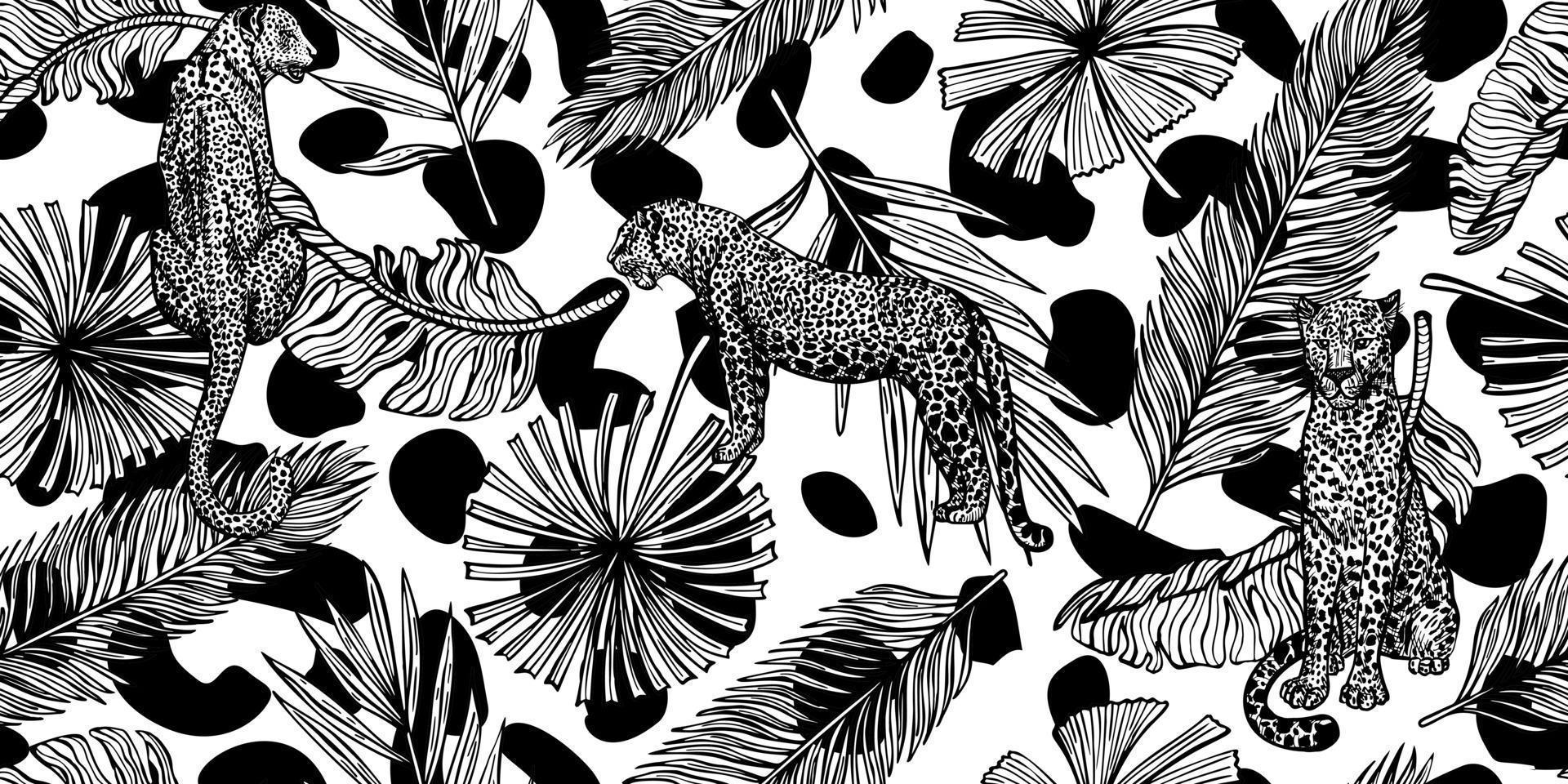 Savannah wildlife seamless pattern. Vintage Leopard and leaves of palm, banana in engraving style. vector