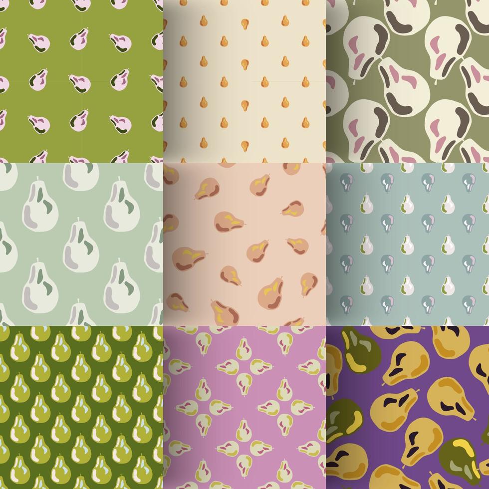 Set of pear seamless pattern in scandinavian style. Food backdrop collection. Simple fruit shapes background. vector