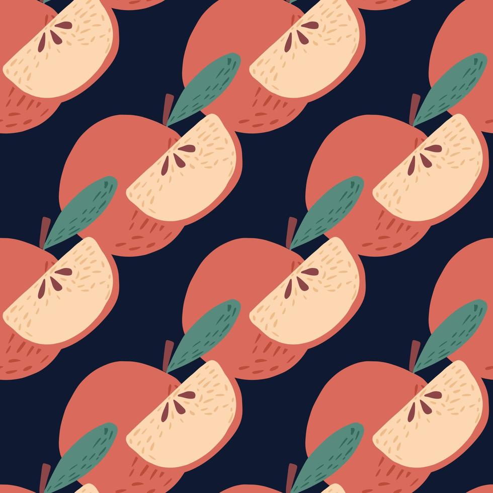Abstract seamless patten with pink apple and apple slices ornament. Navy blue background. vector